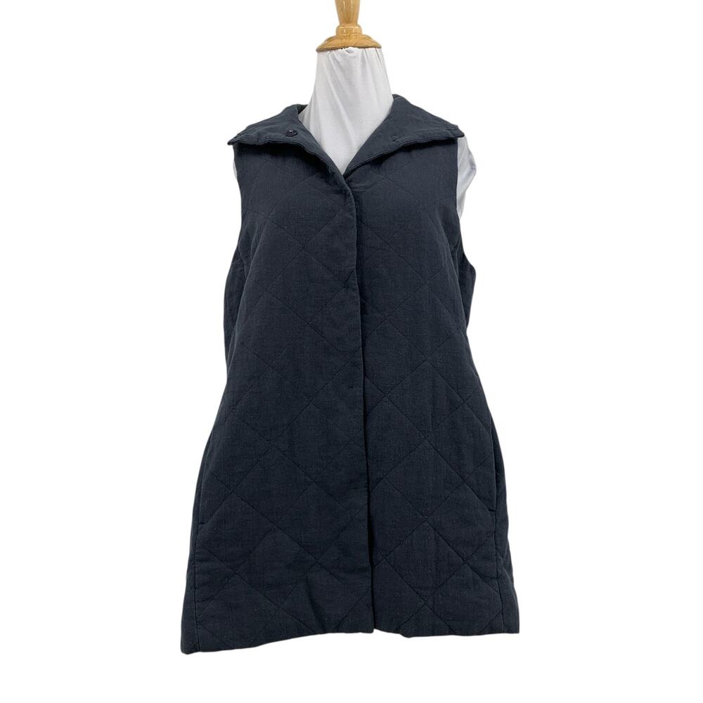 Eileen Fisher Jacket Womens Extra Small Charcoal Stand Collar Crepe Quilted Vest